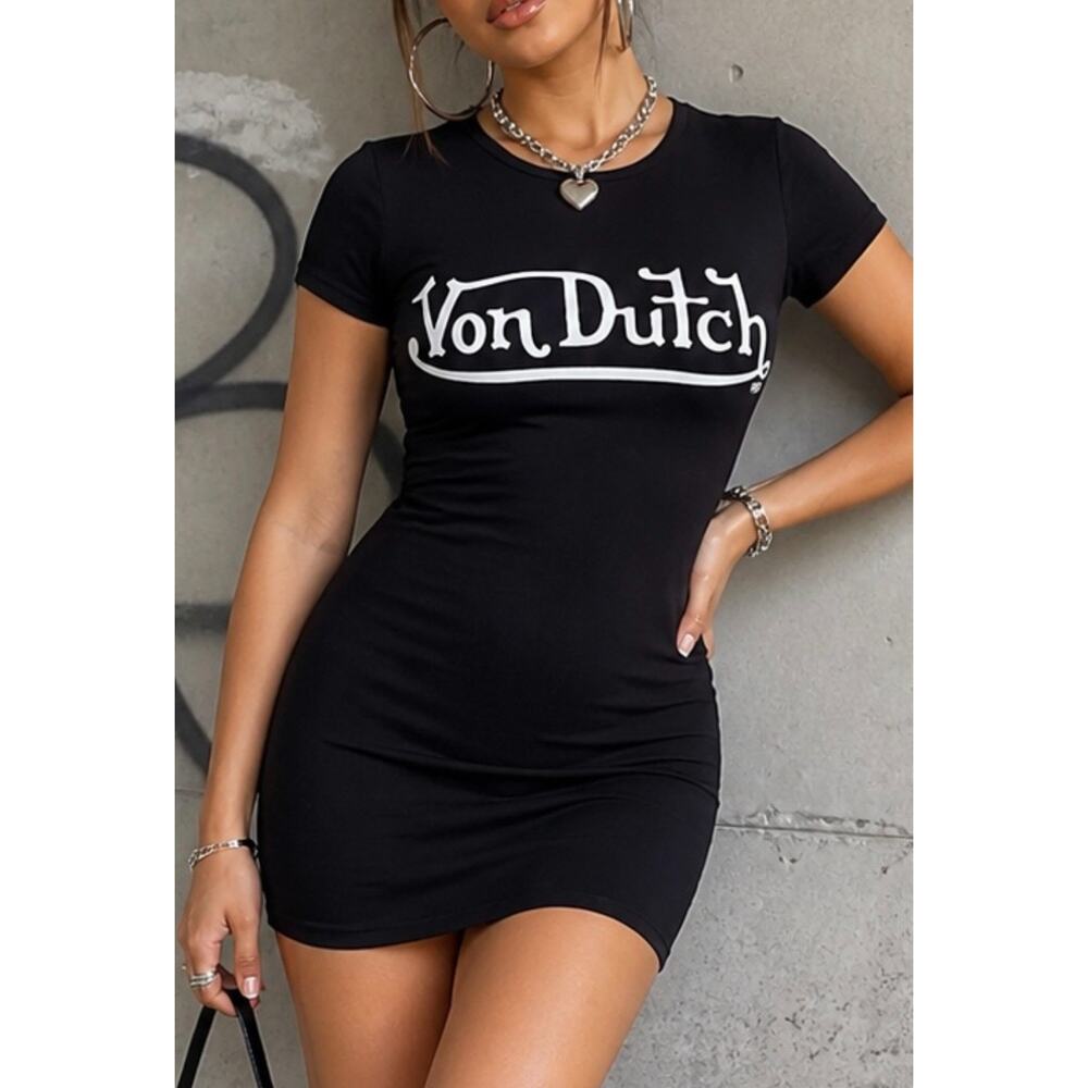 Von Dutch Baby Tee Mini Dress Womens M Black Logo Bodycon Y2K Stretch Cotton New